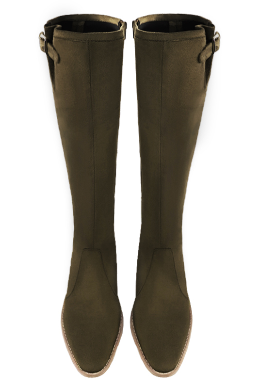 Khaki green women's knee-high boots with buckles. Round toe. Low leather soles. Made to measure. Top view - Florence KOOIJMAN